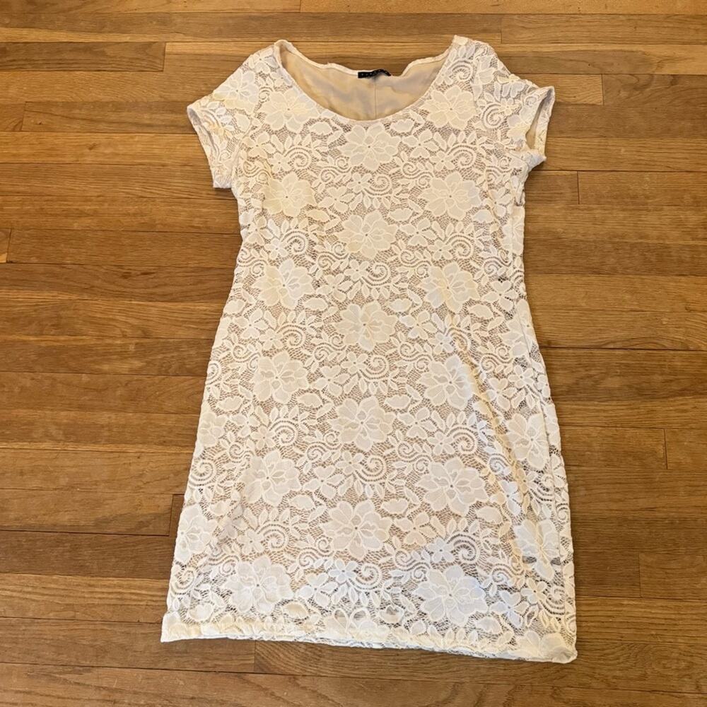 Tiana B cream lace overlay knee length cap sleeve sheath dress size large L
 b37